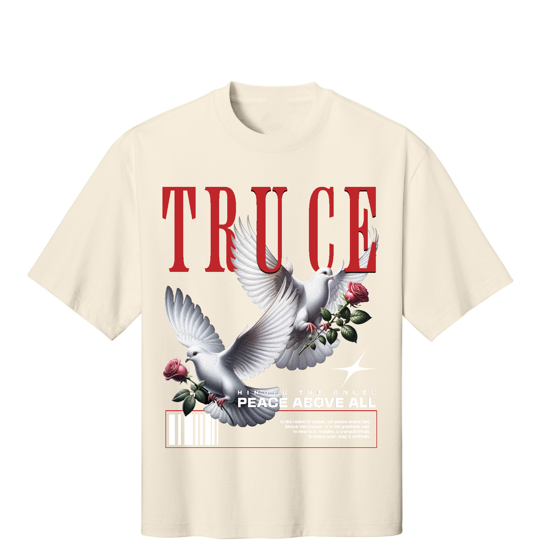 Beige t-shirt with a graphic of a dove and roses and the word 'TRUCE' on a white background.