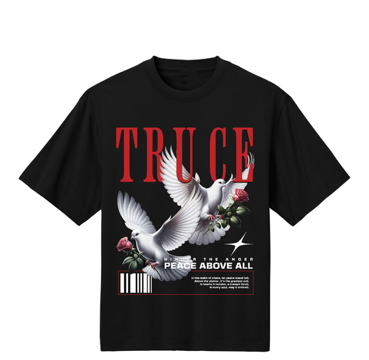 Black t-shirt with a graphic design featuring a dove and text on a white background