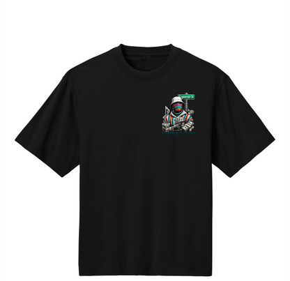 Black t-shirt with a graphic design on the chest against a white background