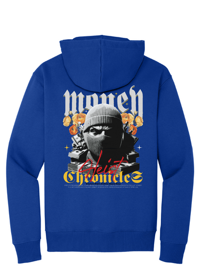 A blue fleece hoodie with a graphic print of a character and the text 'Money Heist Chronicles'.