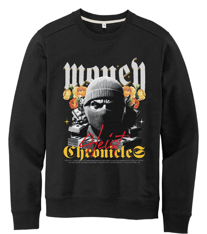 Black Money Heist Fleece TruGenX Timeless Styles Sweatshirt featuring a masked figure, roses, and bold typography for streetwear fashion appeal.