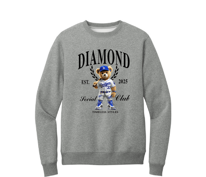 Gray sweatshirt with a teddy bear wearing a baseball cap and text on a white background