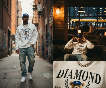 Man wearing a Diamond Supply Co. sweatshirt walking down a street and sitting on a couch.