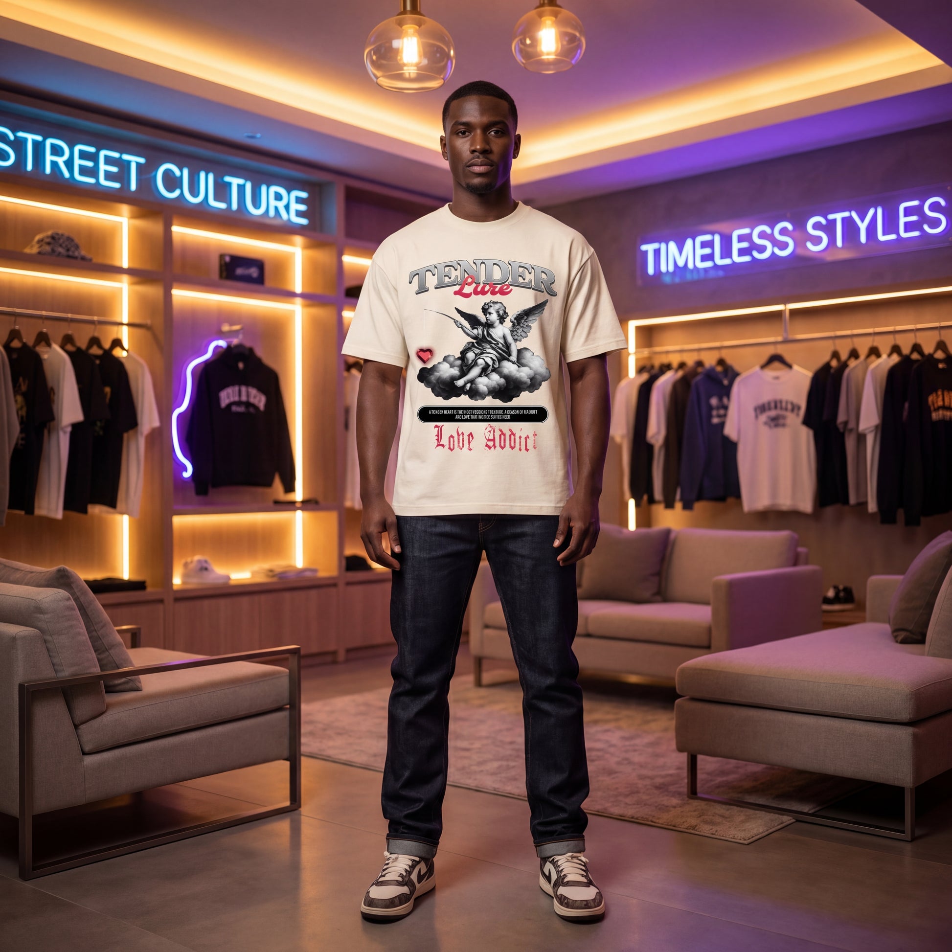 Man wearing a graphic t-shirt in a stylish store with neon signs.