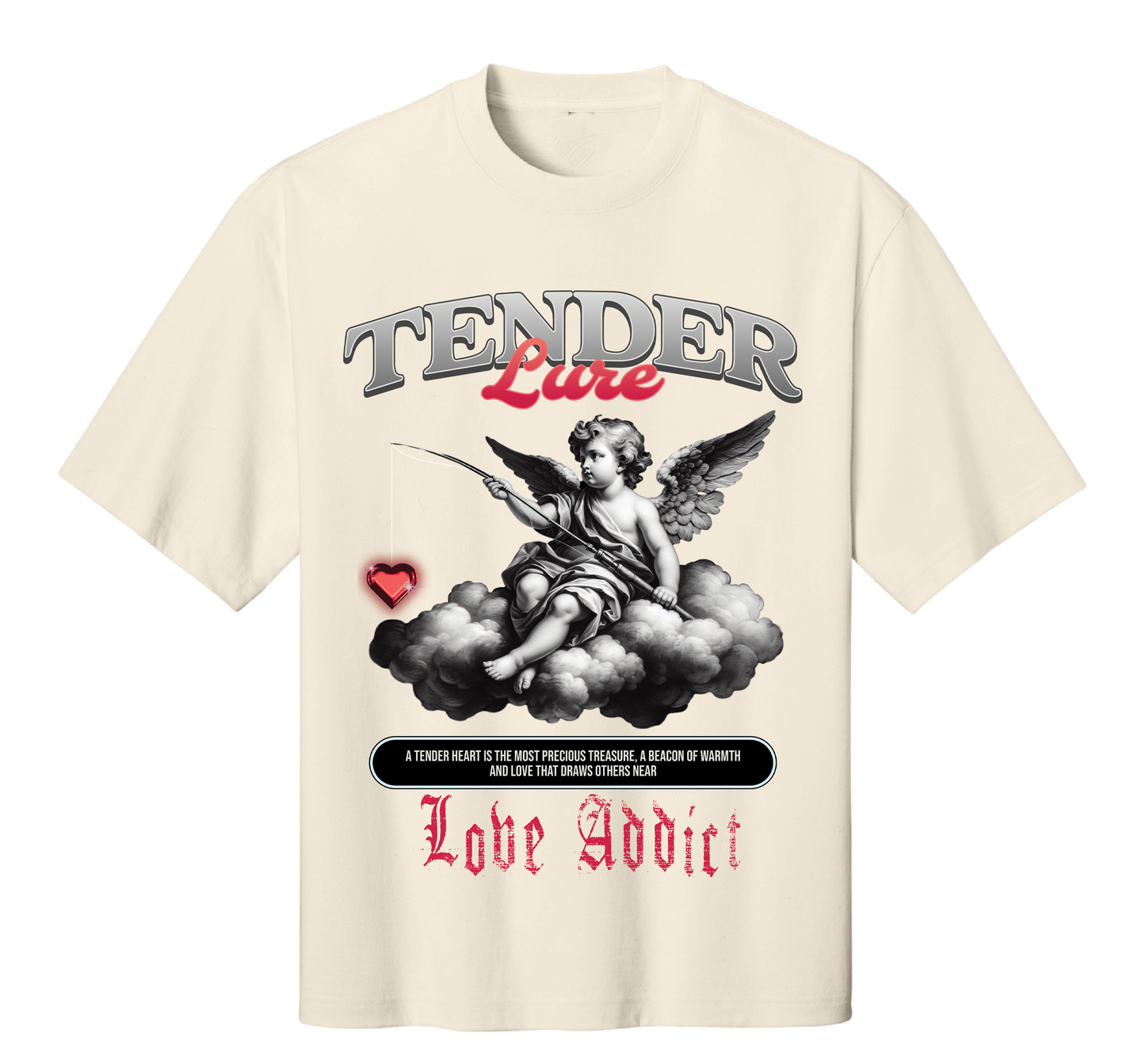 Beige t-shirt with graphic design featuring an angel and text on a white background