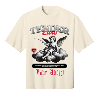 Beige t-shirt with graphic design featuring an angel and text on a white background
