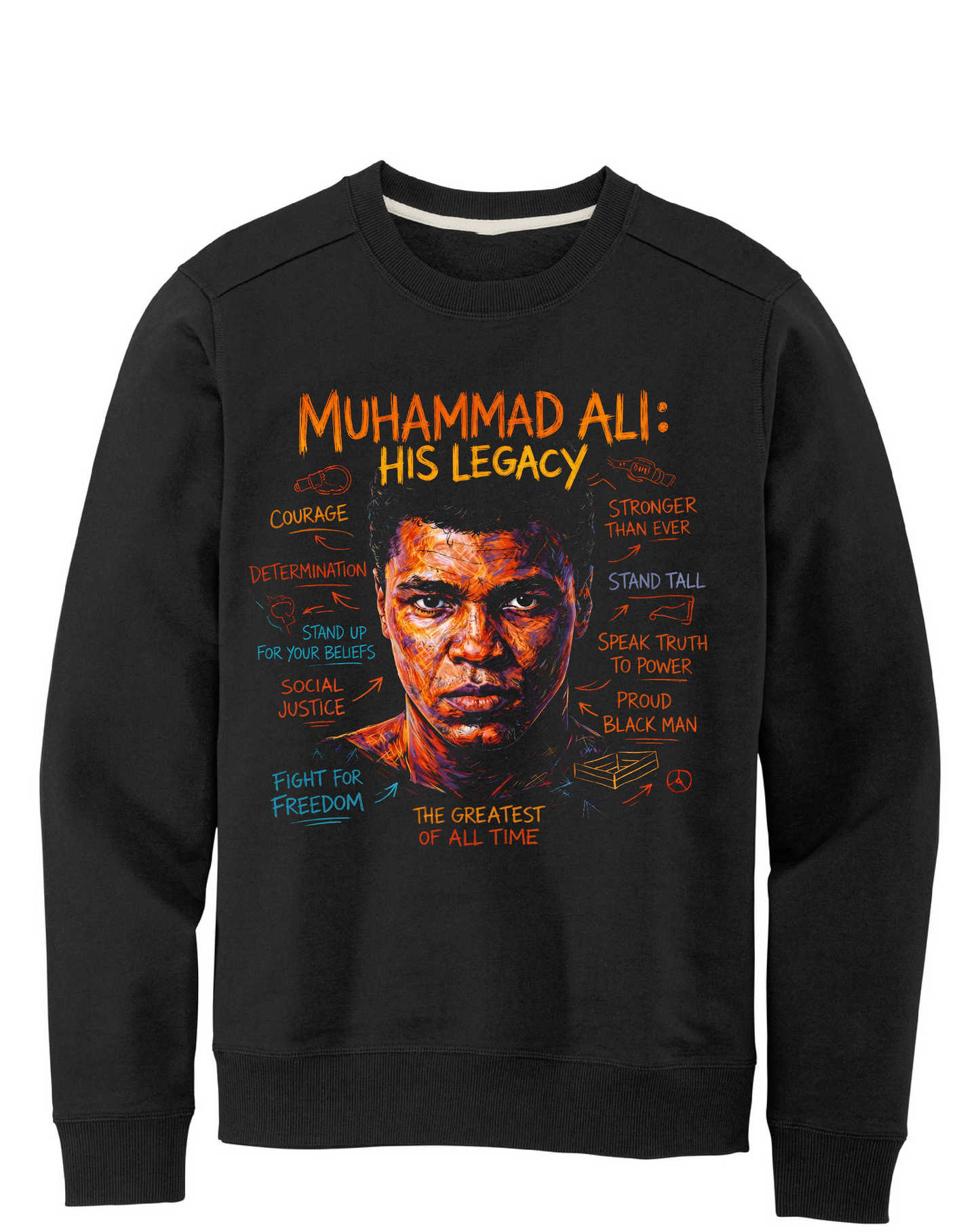 Black sweatshirt with Muhammad Ali graphic and text on a white background