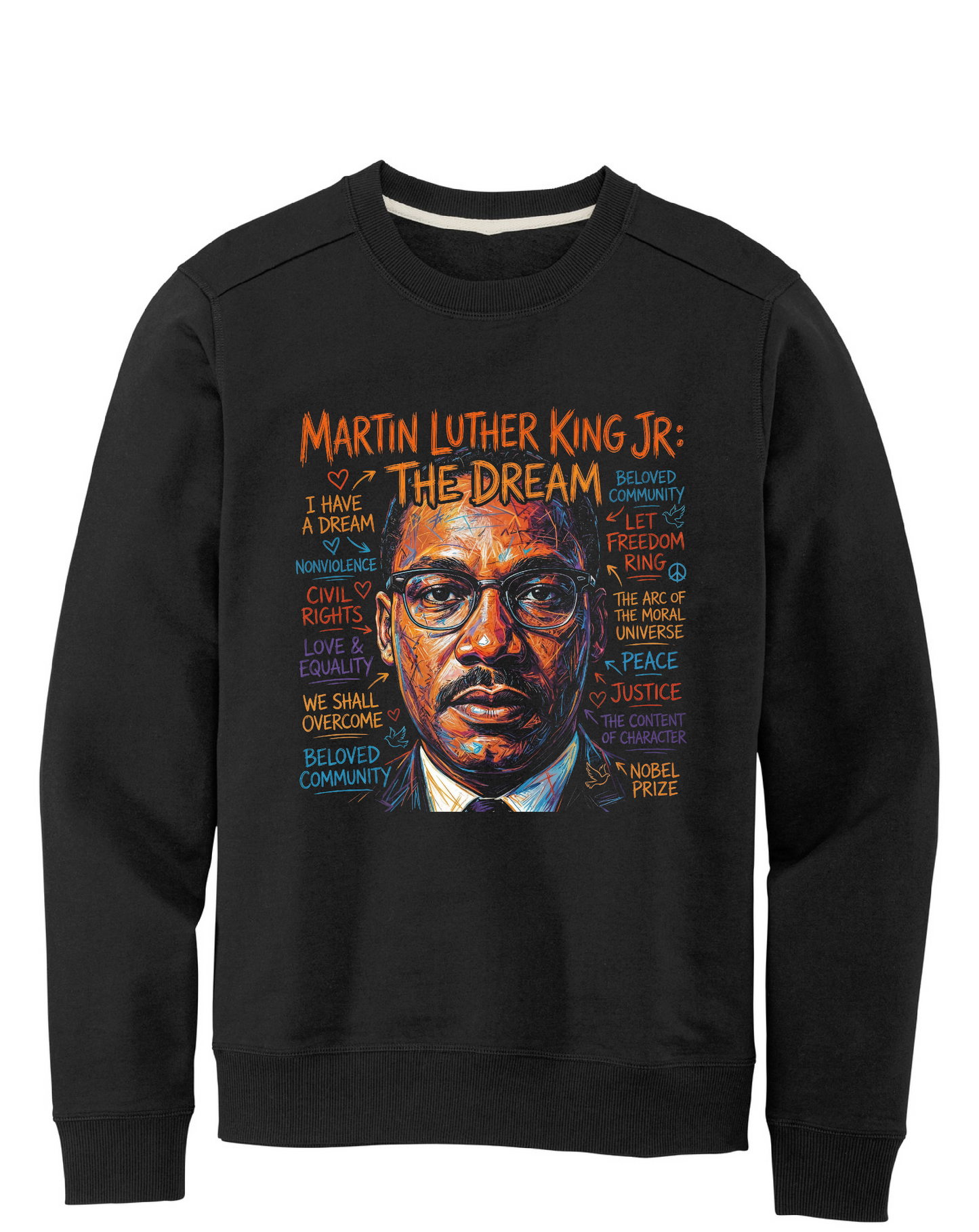 Black sweatshirt with a graphic of Martin Luther King Jr. and text on a white background