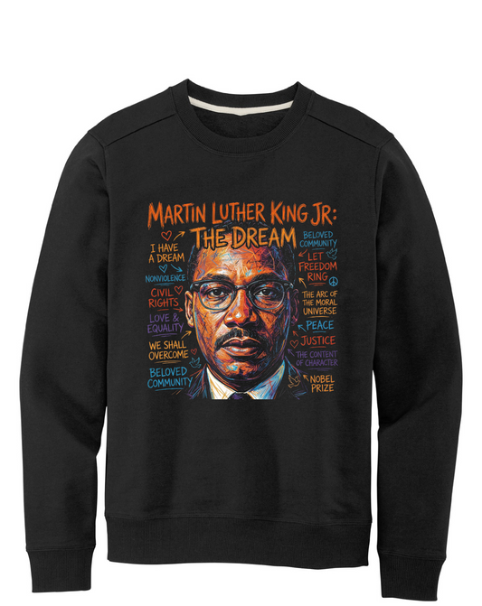 Black sweatshirt with a graphic of Martin Luther King Jr. and text on a white background