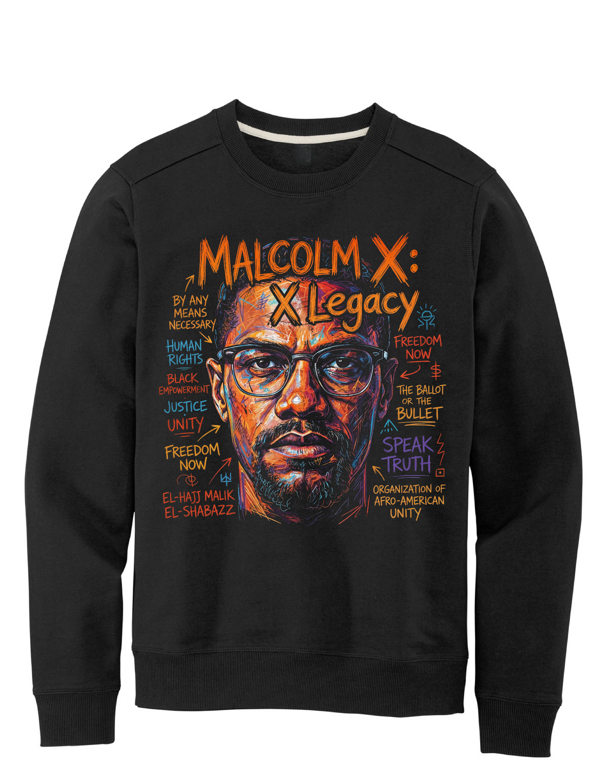 Black sweatshirt with a graphic of Malcolm X and text on a white background
