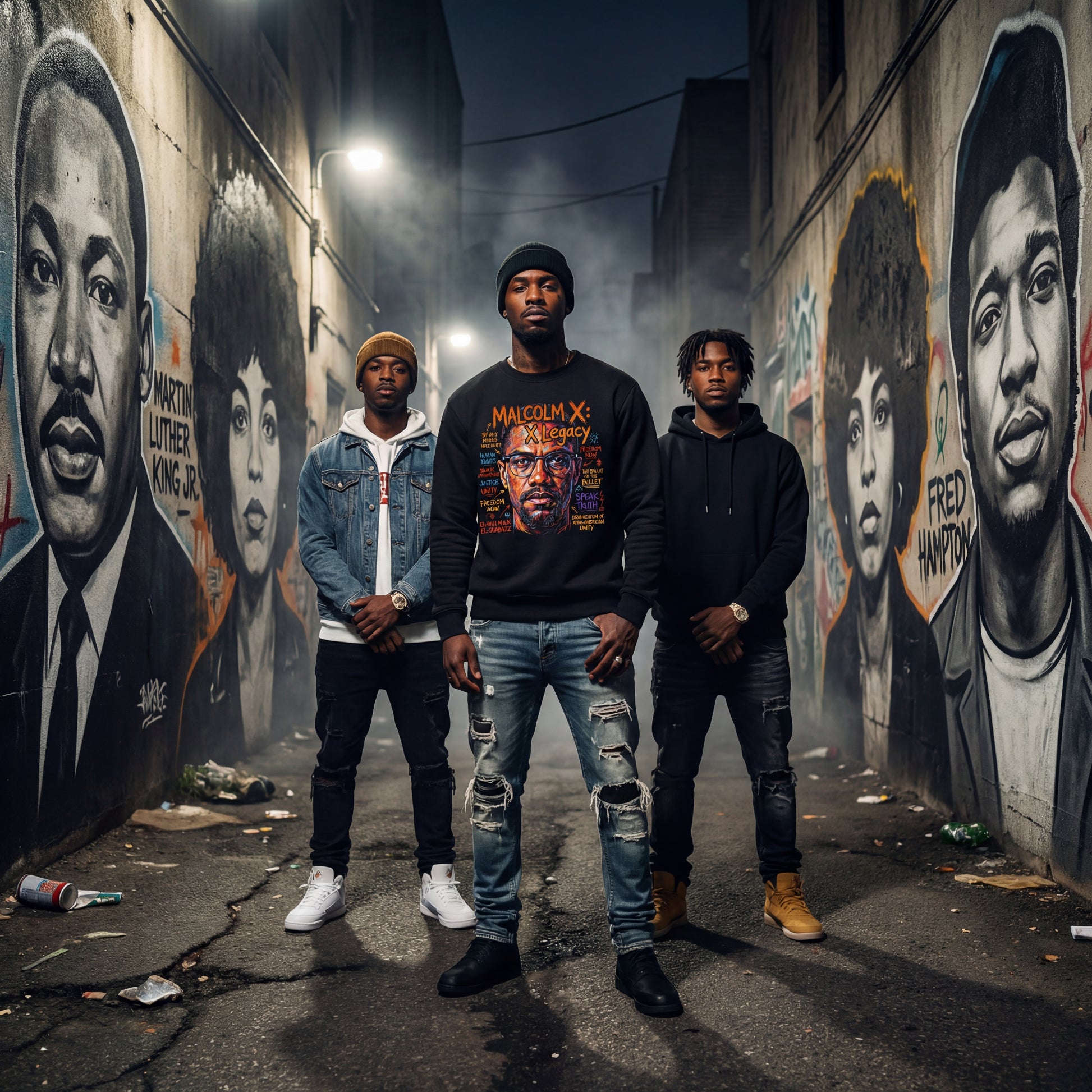 Three individuals standing in an alley with murals of historical figures on the walls.