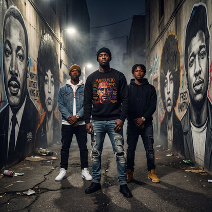 Three individuals standing in an alley with murals of historical figures on the walls.