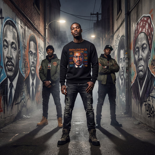 Three men standing in an alley with murals of historical figures on the walls.