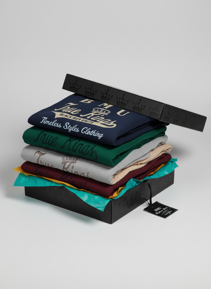 Stack of folded Hoodie in a black box with 'True Religion' branding on a light gray background