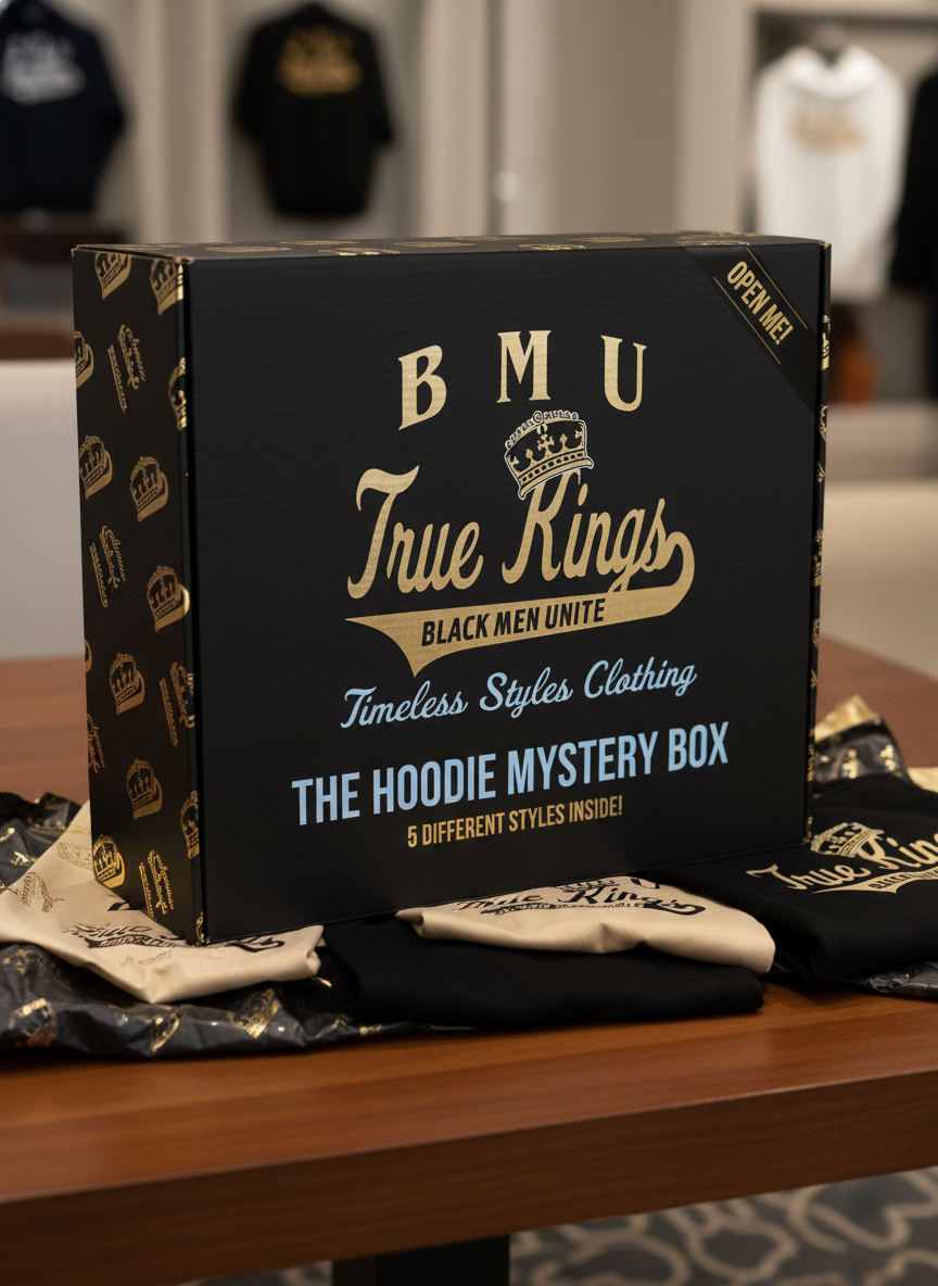 Black box with 'BMU True Kings' branding on a table with hoodies underneath.