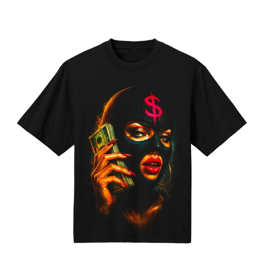 Black t-shirt with a graphic design of a person holding money and a dollar sign on a white background