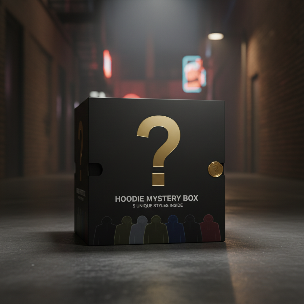 Black mystery hoodie box with a gold question mark on a dark street background