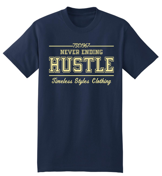 Streetwear Oversize Crewneck: TSC Never ending Hustle T-shirt blue and cream.