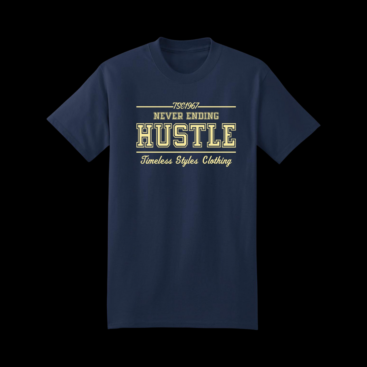 Streetwear Oversize Crewneck: TSC Never ending Hustle T-shirt blue and cream.