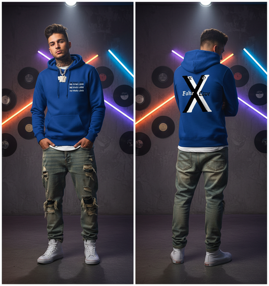 Person wearing a blue hoodie with text, standing in front of a dark wall with neon lights.