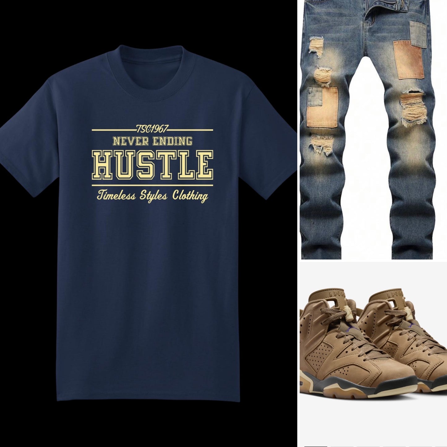 Streetwear Oversize Crewneck: TSC Never ending Hustle T-shirt blue and cream.