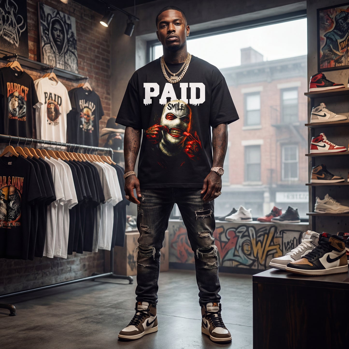 Man wearing a 'PAID' t-shirt in a store with clothing and shoes on display