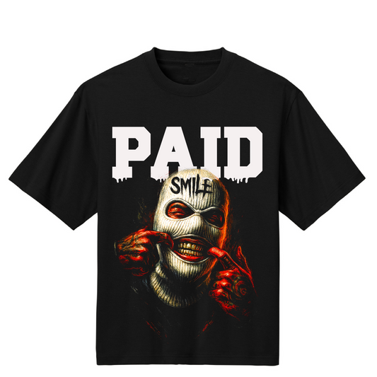 Black t-shirt with graphic design and text on a white background