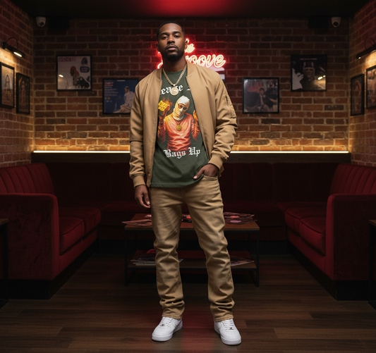 Man standing in a dimly lit room with red brick walls and neon signs.