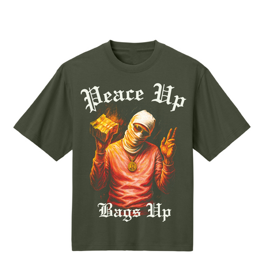 Green t-shirt with graphic design and text on a white background