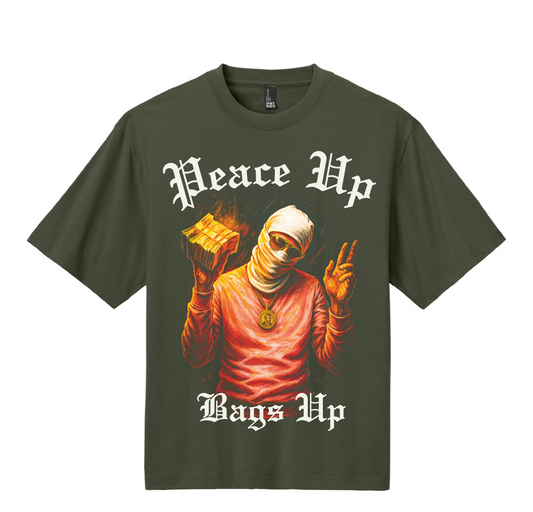 Green t-shirt with graphic design and text on a white background