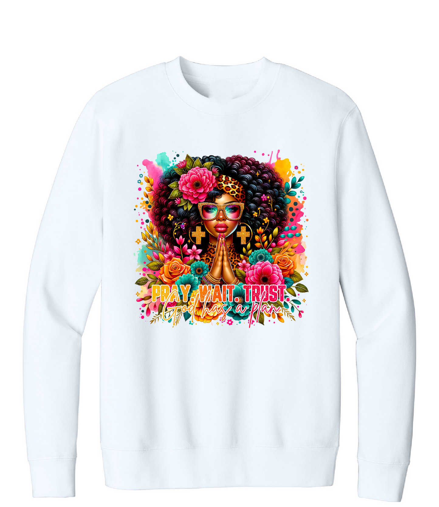 White sweatshirt with a colorful design of a woman with an afro and flowers on a white background