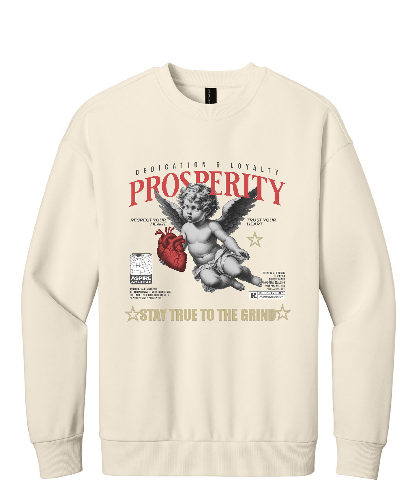 Beige sweatshirt with an angel graphic and text on a white background