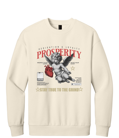 Beige sweatshirt with an angel graphic and text on a white background