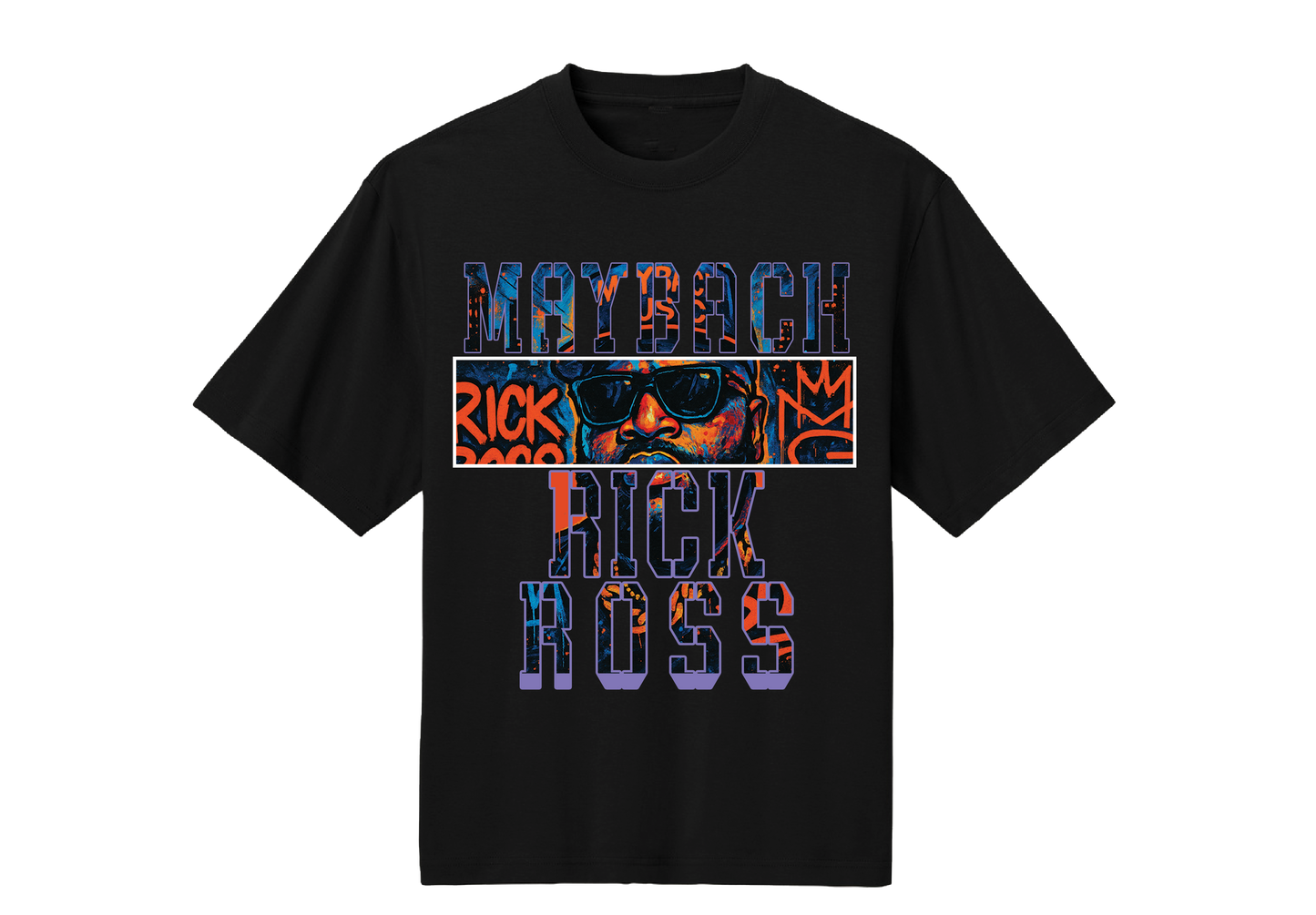 Black t-shirt with colorful graphic design on a white background