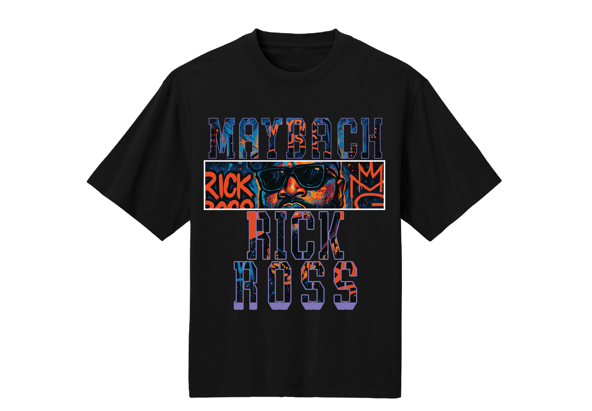 Black t-shirt with colorful graphic design on a white background