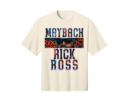 Beige t-shirt with 'Maybach Rick Ross' text design on a white background