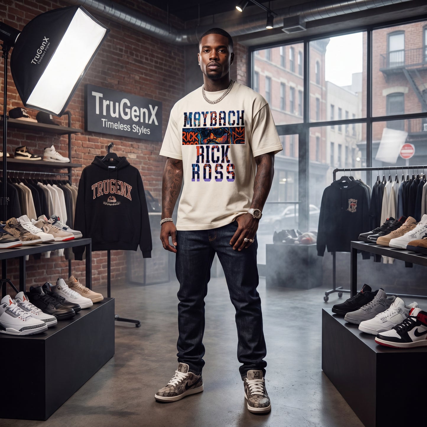 Man wearing a 'Maybach Rick Ross' t-shirt in a store with clothing and shoes displayed.