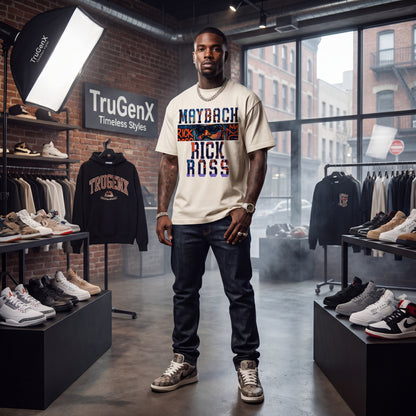Man wearing a 'Maybach Rick Ross' t-shirt in a store with clothing and shoes displayed.