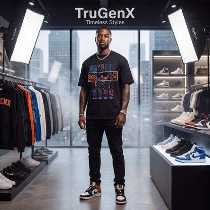 Man standing in a modern clothing store with 'TruGenX' branding.
