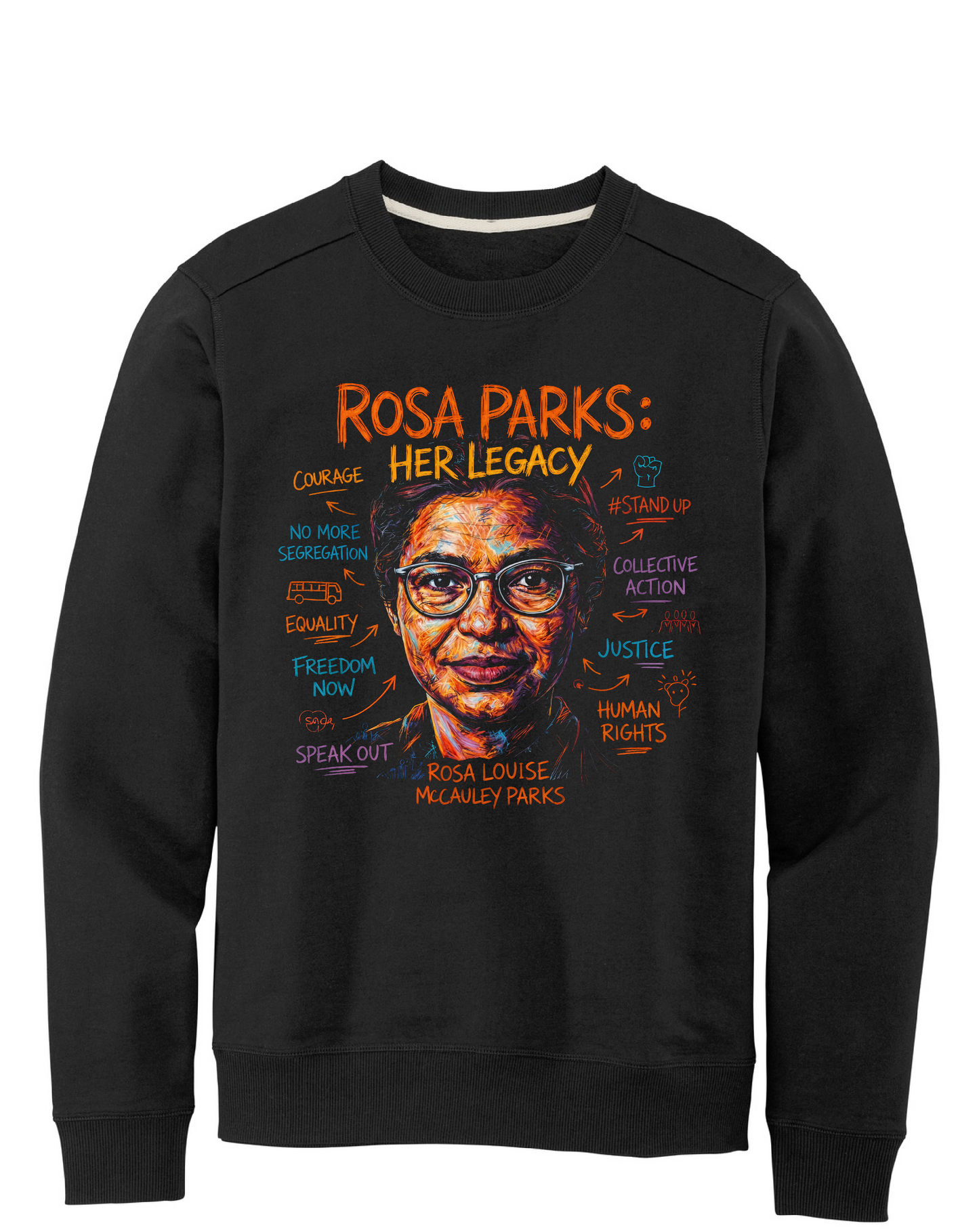 Black sweatshirt with a graphic of Rosa Parks and text on a white background