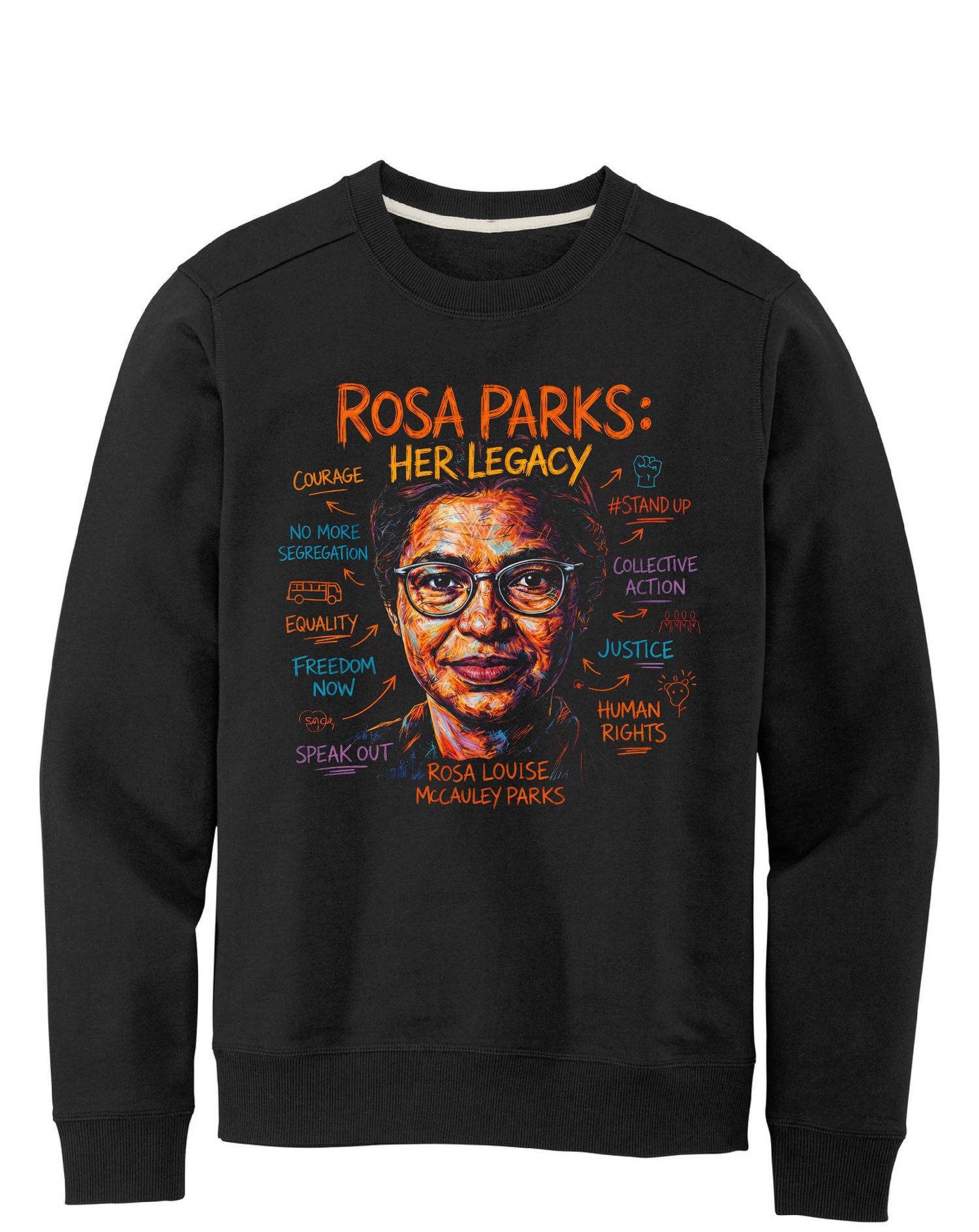 Black sweatshirt with a graphic of Rosa Parks and text on a white background