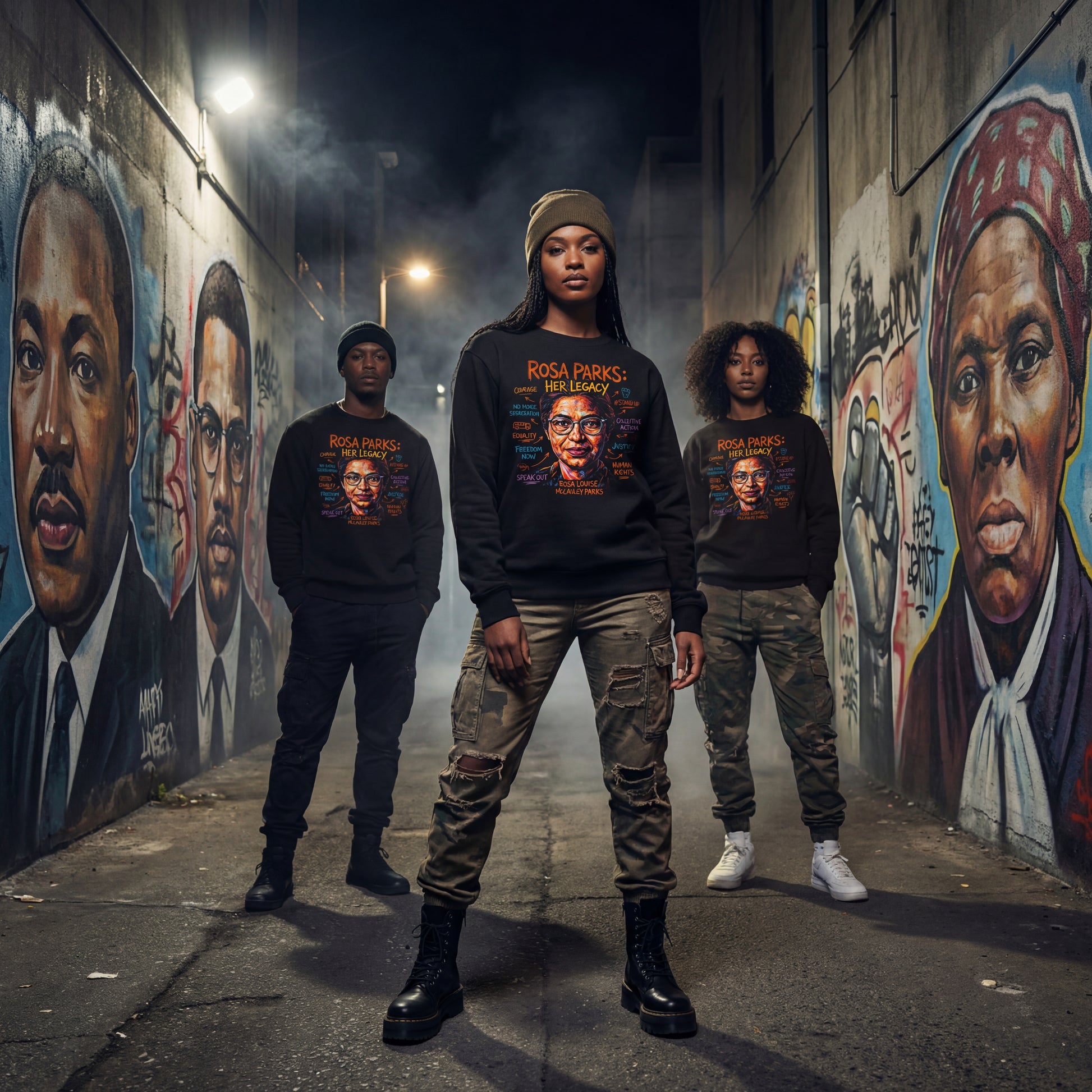 Three people standing in an alley with murals of historical figures on the walls.
