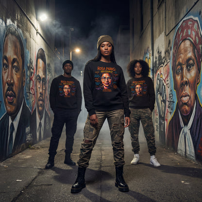 Three people standing in an alley with murals of historical figures on the walls.