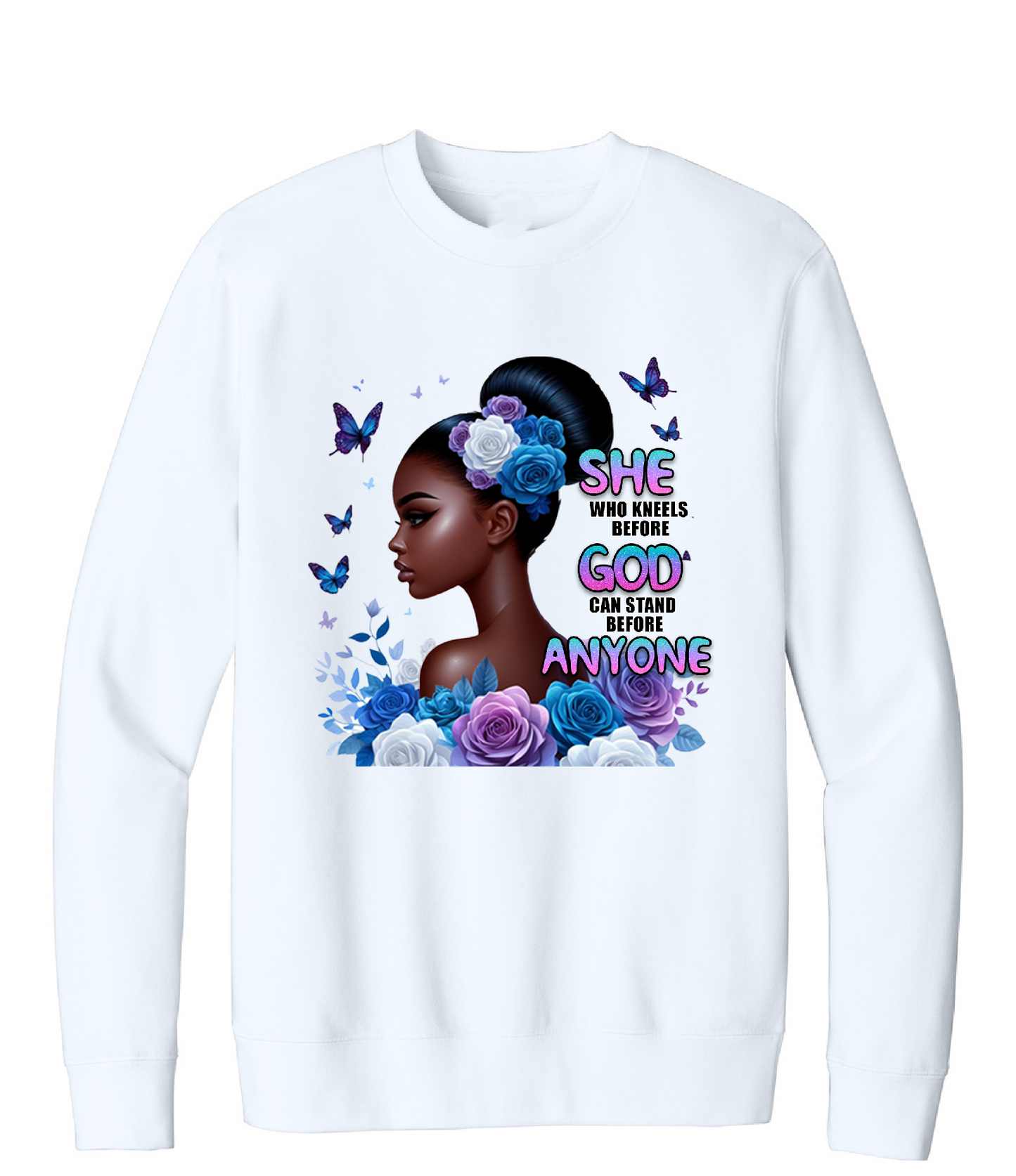 White sweatshirt with a graphic of a woman, flowers, and text on a white background