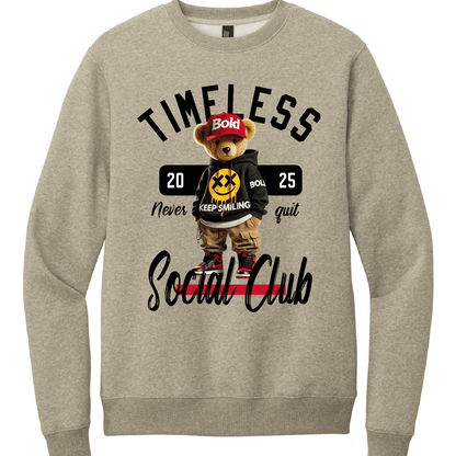 Crewneck sweatshirt with a graphic print of a bear and text elements, including the phrases 'Timeless' and 'Social Club'.