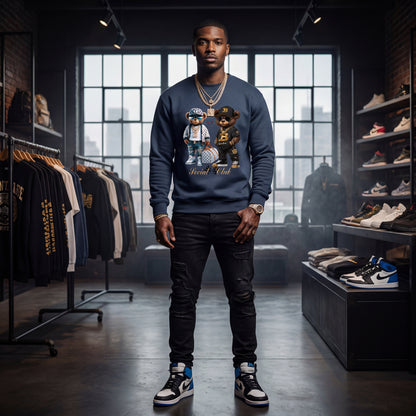 Man wearing a blue sweatshirt with graphic design in a clothing store.