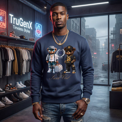 Man wearing a navy blue sweatshirt with bear graphics in a store setting