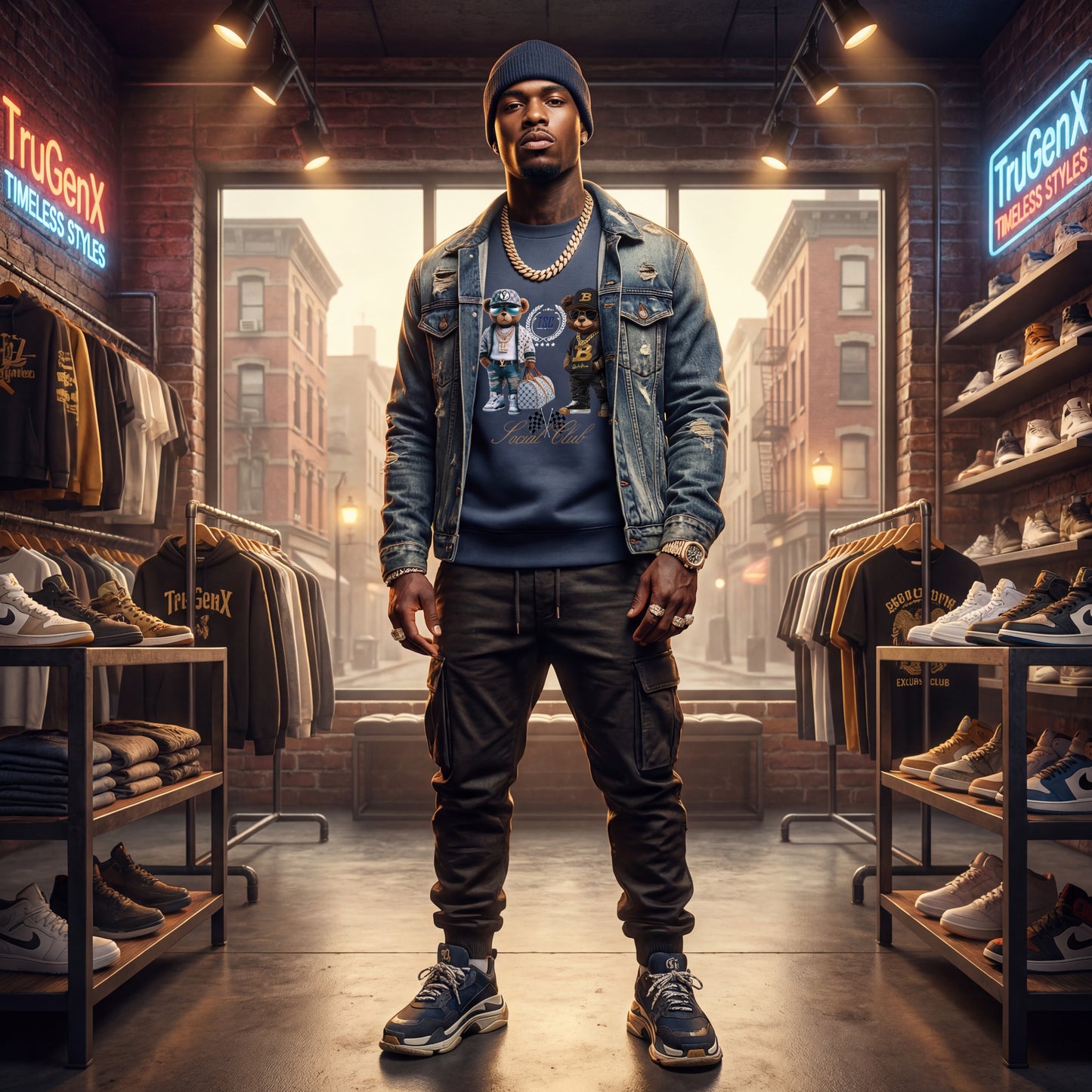 Man standing in a shoe store with shelves of shoes and clothing in the background