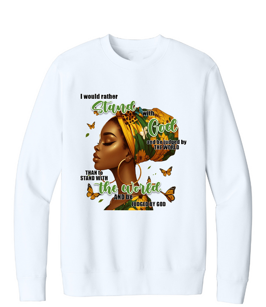 White sweatshirt with a graphic of a woman wearing a headscarf and text on a white background