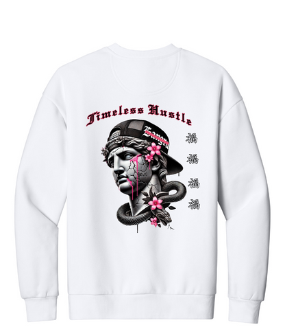 White sweatshirt with a graphic design of a face with flowers and a snake, and text on the back.